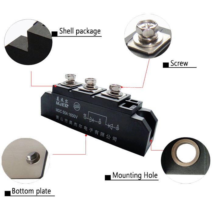 MDC ไดโอด 3 ขา กันไฟย้อน DC 55A 1600V จัดเรียงกระแส ทำ diode bridge ขนาดใหญ่