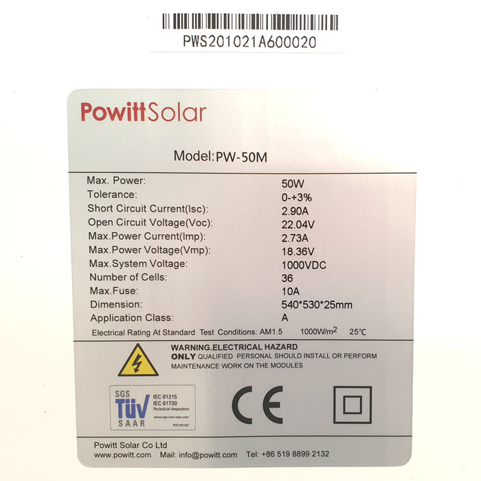 แผงโซลาร์เซลล์ 50W MONO Crystalline Solar PV Module 18V กรอบอลูมิเนียม Powitt