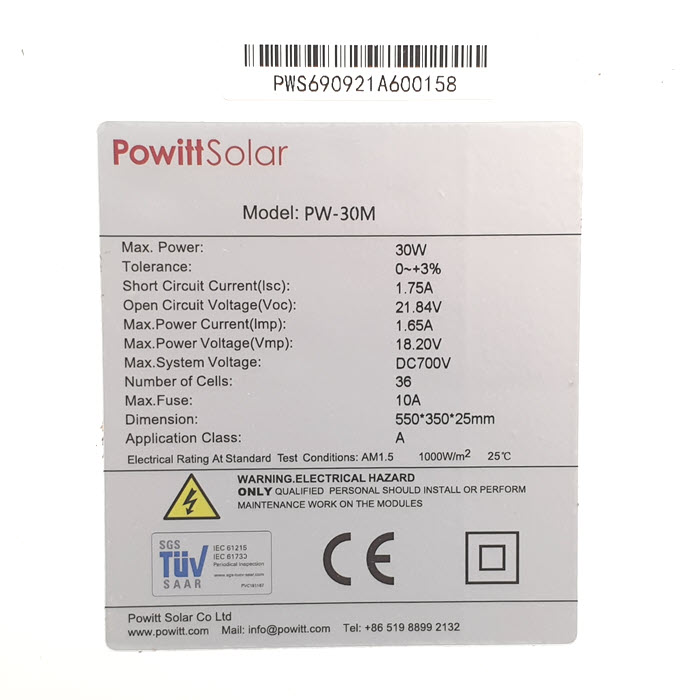 แผงโซลาร์เซลล์ 30W MONO Crystalline Solar PV Module 18V กรอบอลูมิเนียม Powitt