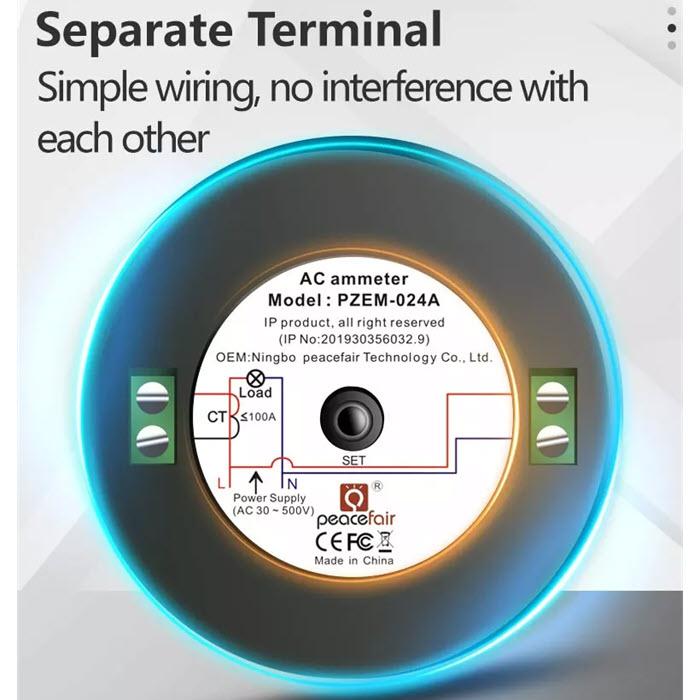 PZEM-024A AC ดิจิตอล แอมป์มิเตอร์ 0-100A แบบหน้าแปลน เจาะรู 60มม. พร้อม Coil Split CT