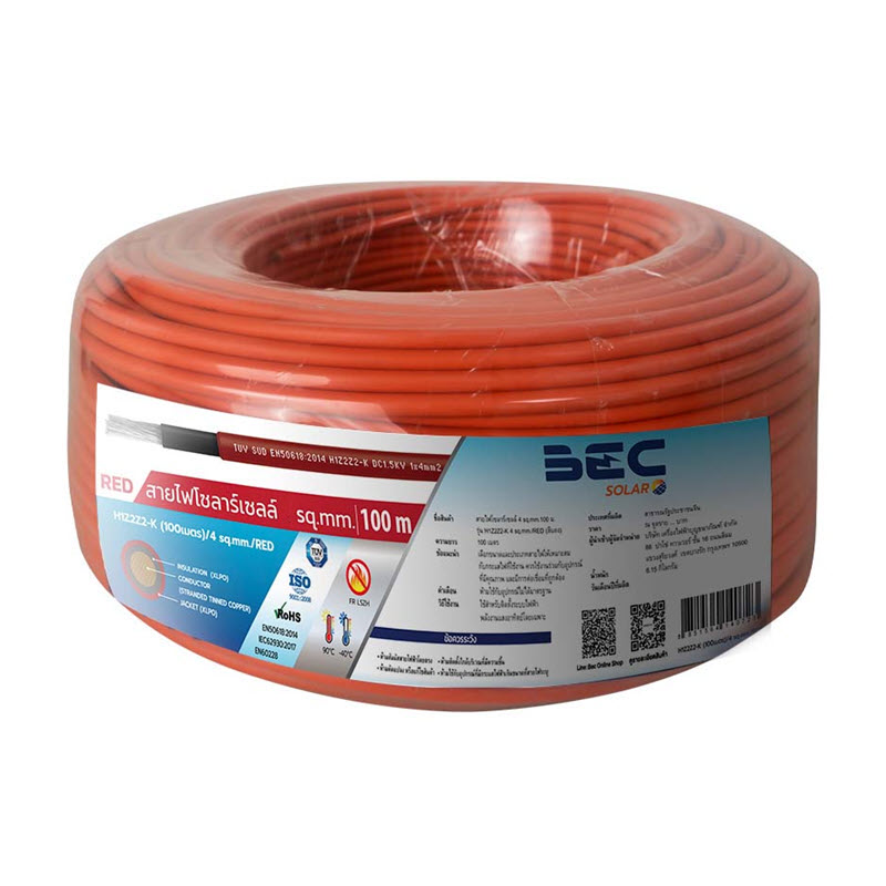 100 เมตร สายไฟ Solar DC BEC สำหรับ โซล่าเซลล์ H1Z2Z2 PV 1x6.0 mm2 สีแดง